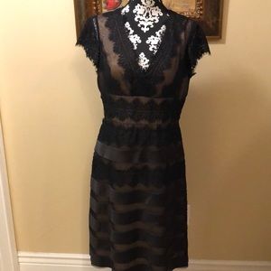 JS Collections V-Neck lace, mesh ribbon detail creme lined midi evening dress